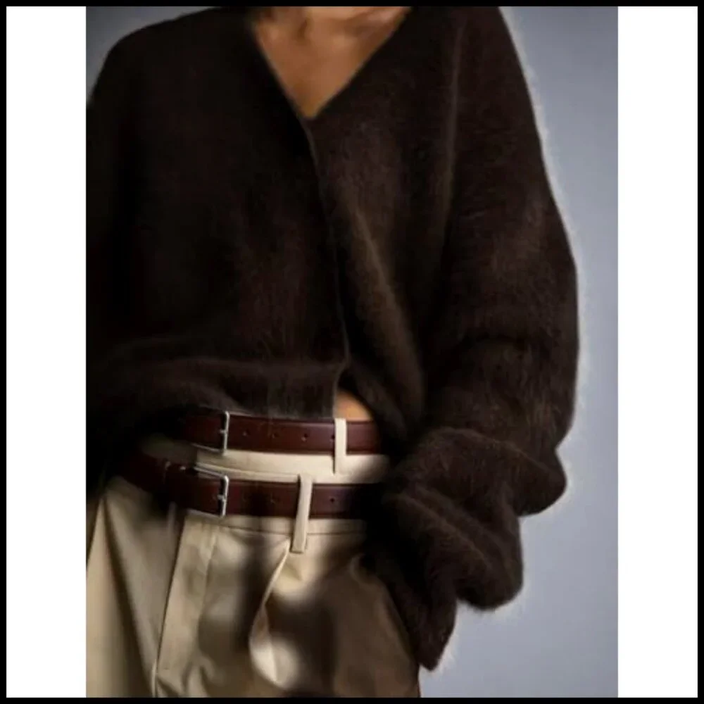 Women's Fuzzy V-Neck Cardigan Long Sleeve Button Down Slouchy Sweater_4